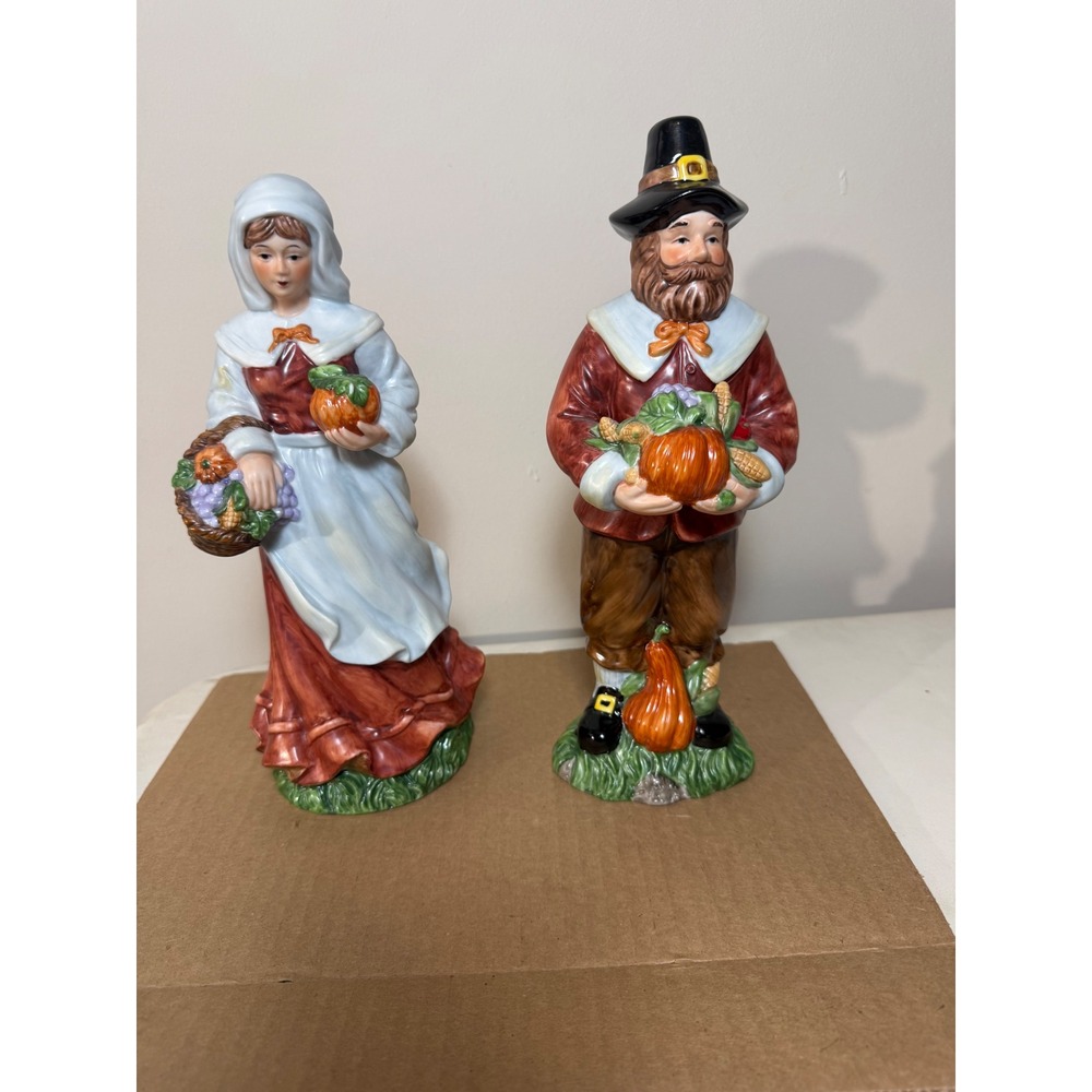 Vintage Ceramic Pilgrim Figurines Thanksgiving Harvest Decor Set of 2 11 Inch